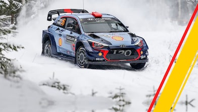 Hyundai race car racing on the snow